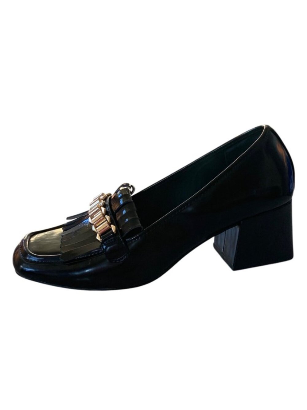 ASOS DESIGN Black Faux Patent Leather Spencer Mid-Heeled Chain Loafers Size 10 - Picture 3 of 9